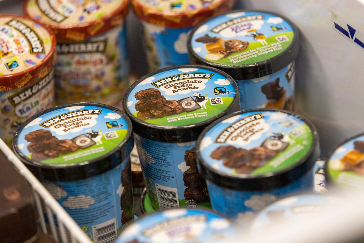 Tubs of Ben and Jerry's ice cream, manufactured by Unilever Plc, in a freezer