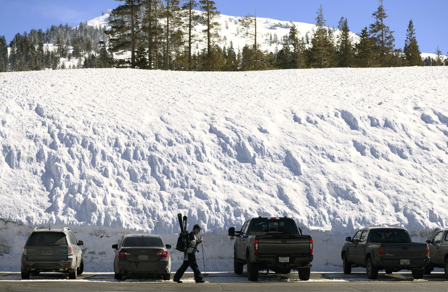A skier walks passed cars parked near a wall of snow at Sugar Bowl Resort