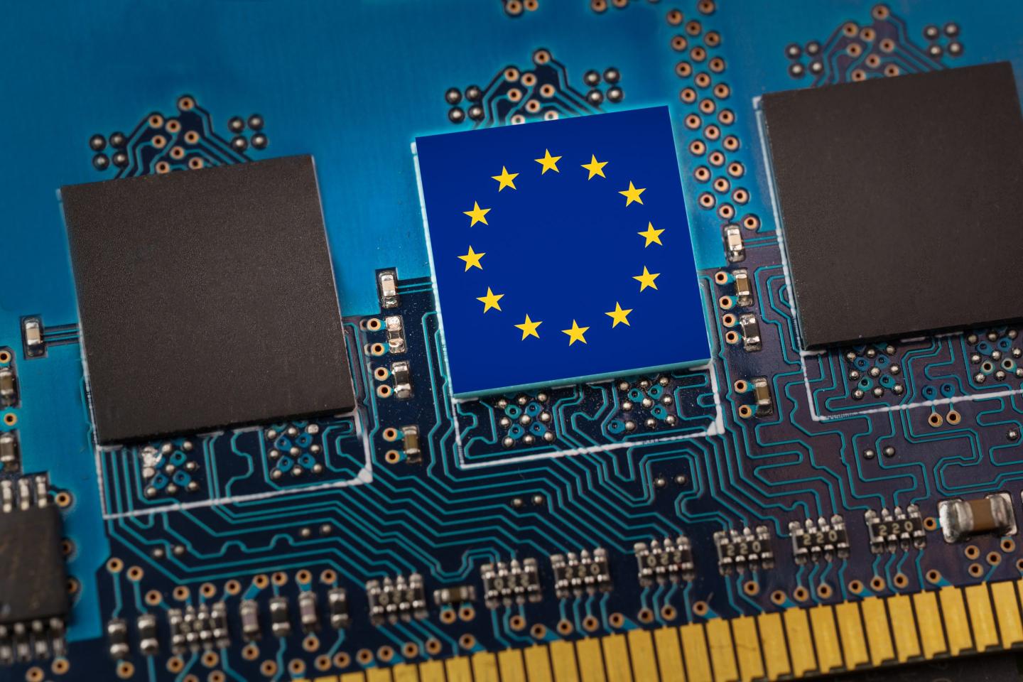 European Union flag in the center of a circuit board