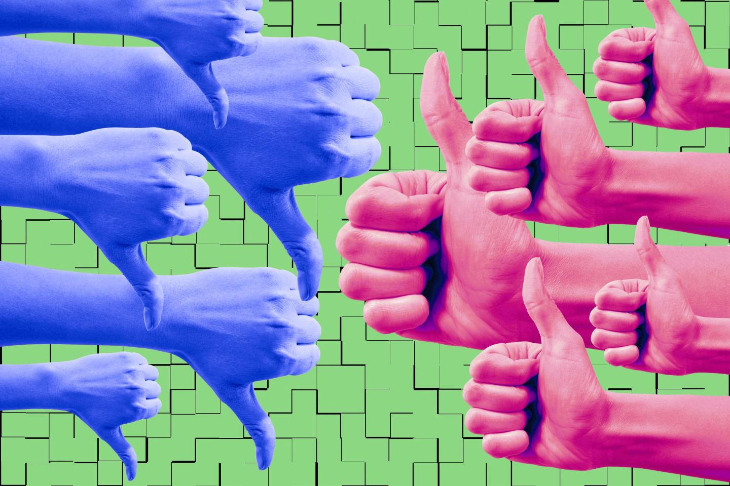 Thumbs up and thumbs down in political party colors.