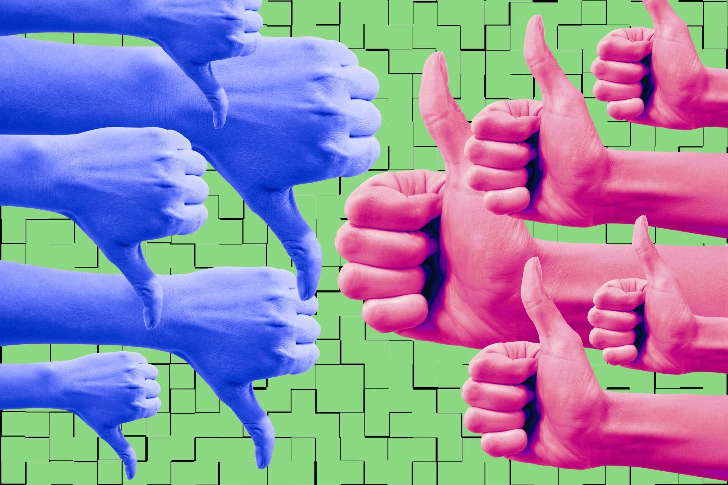 Thumbs up and thumbs down in political party colors.