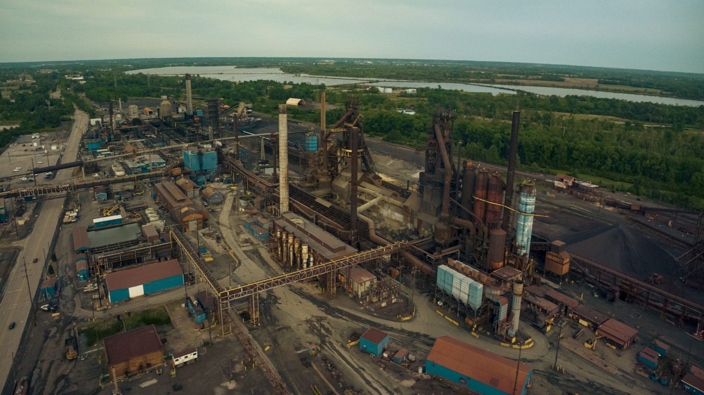 Aerial view of US Steel factory with smokestacks, Granite City, Ill.