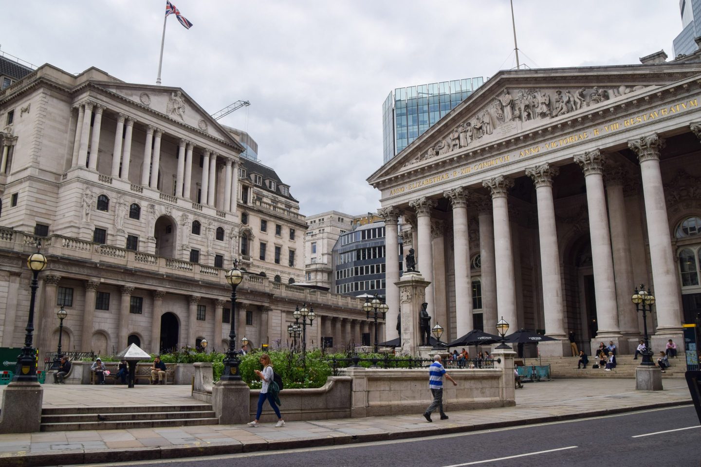 General view of the Bank of England and the Royal Exchange in the City of London