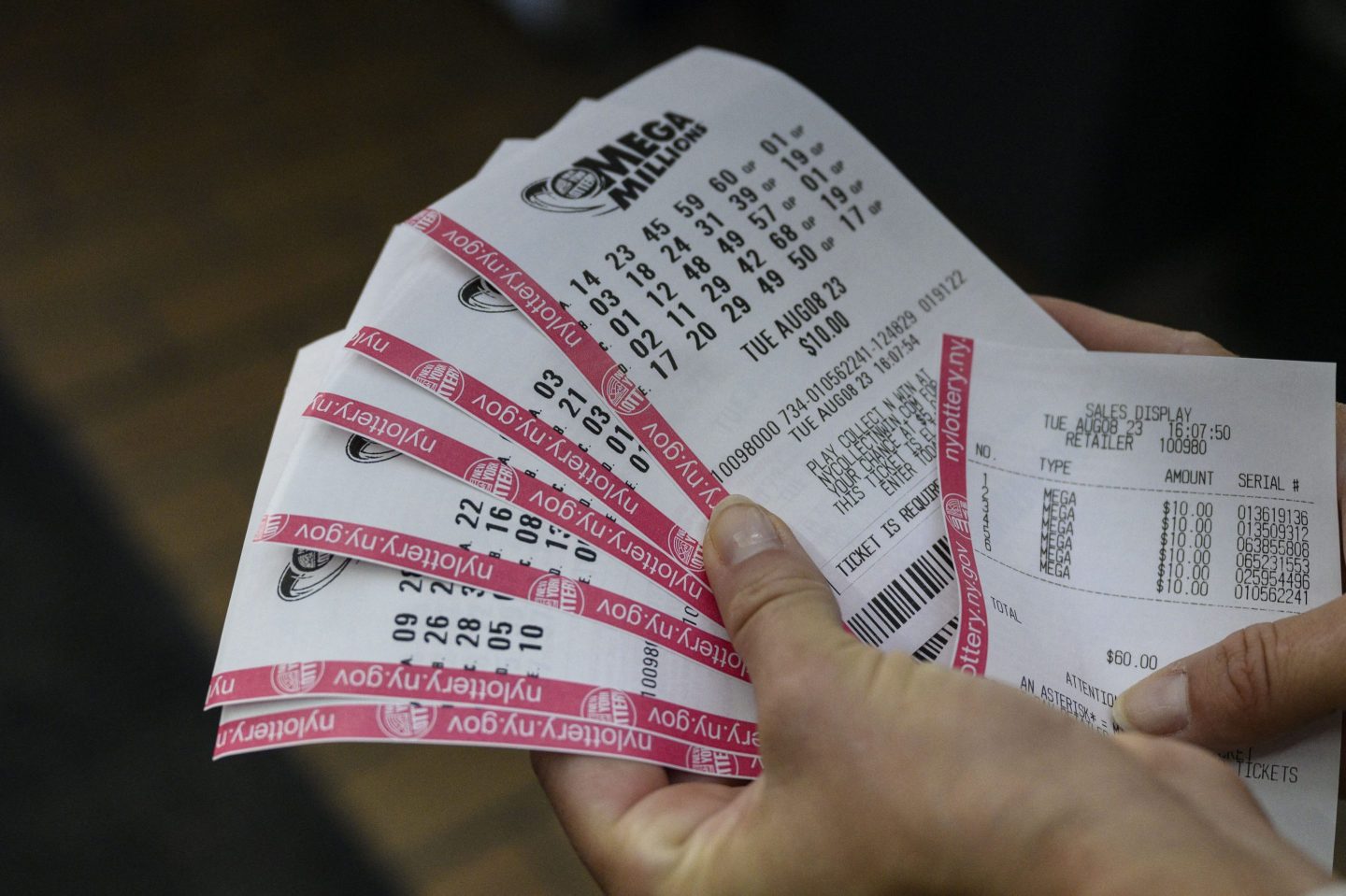 Mega Millions lottery tickets.