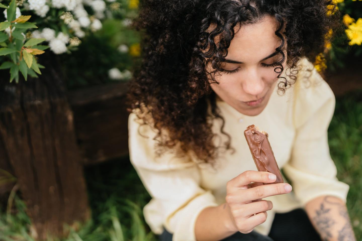 person seen eating chocolate