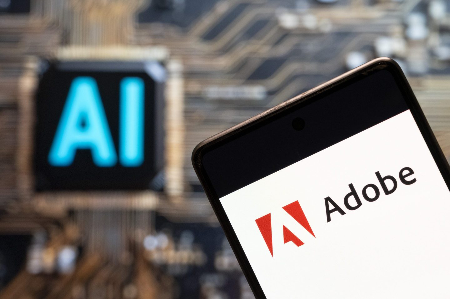 In this photo illustration, the American multinational computer multimedia and creativity software company Adobe logo seen displayed on a smartphone with an Artificial intelligence (AI) chip and symbol in the background.