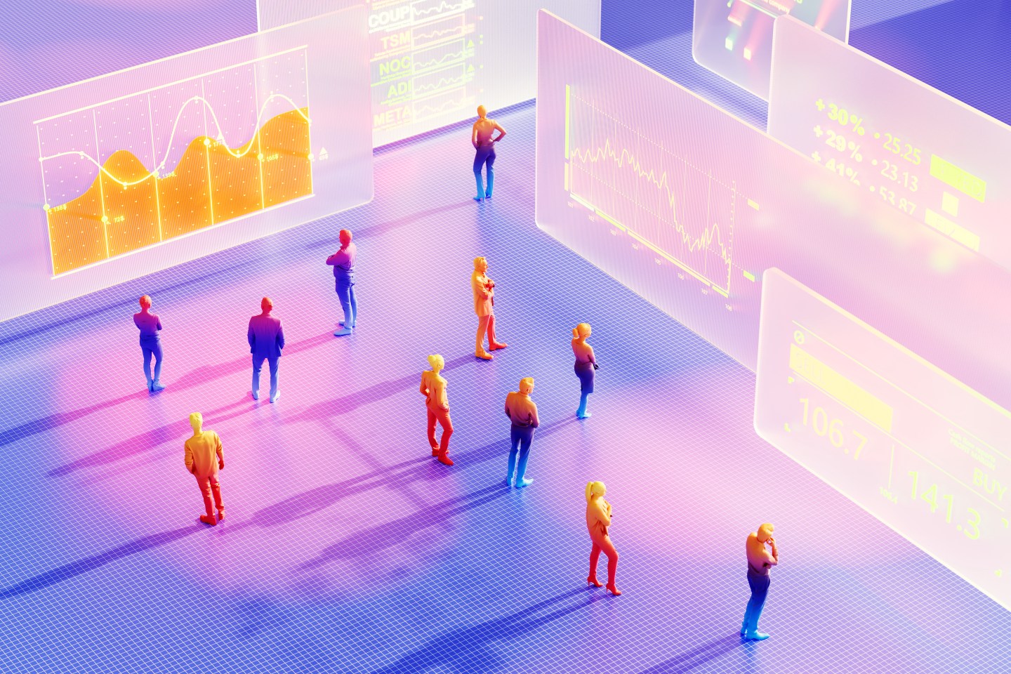Digital generation image of diverse business team having meeting in metaverse. Visualizing financial investment and cloud technology.