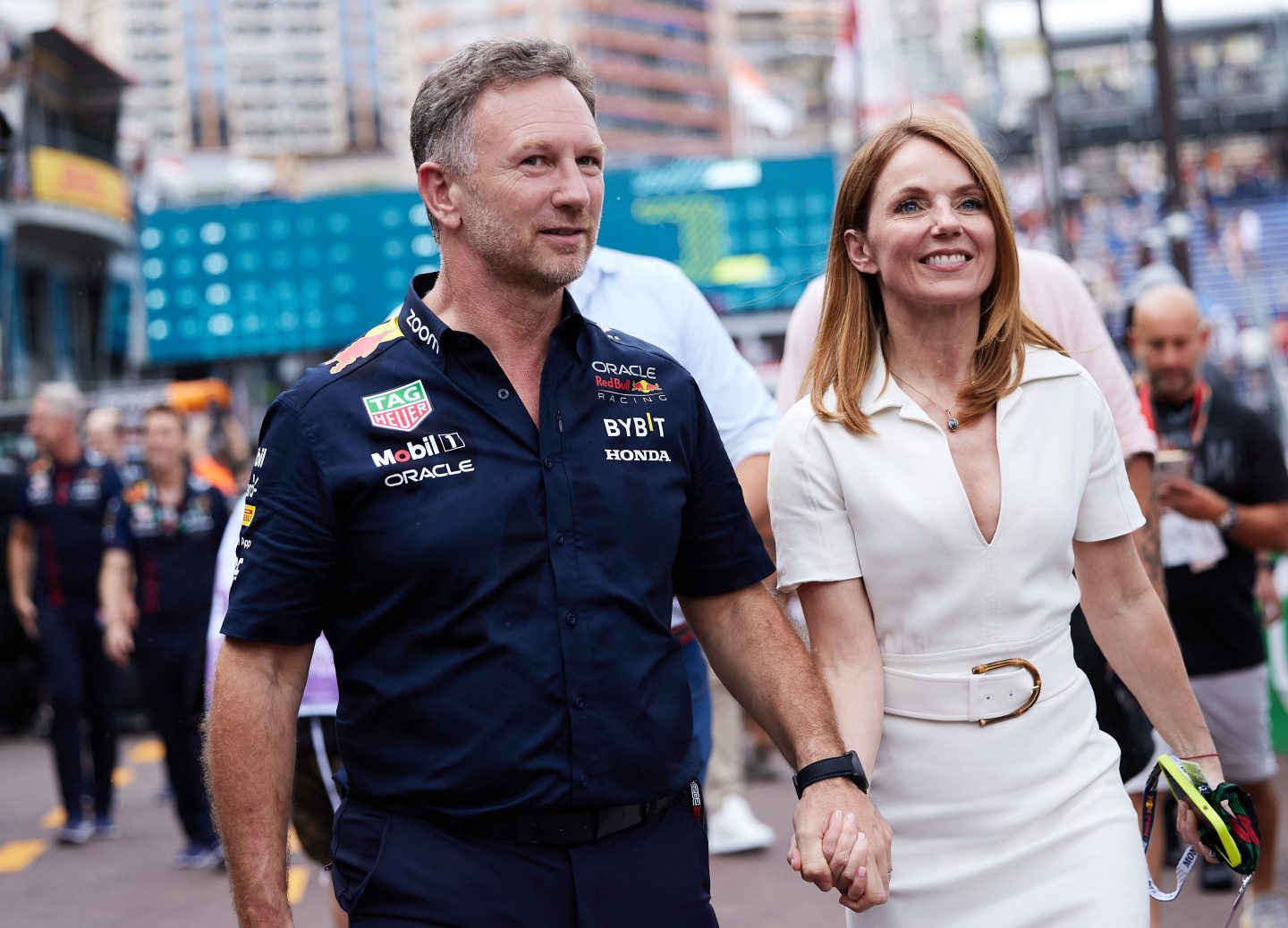 Christian Horner of Great Britain and Red Bull Racing with his wife Geri Halliwell during the F1 Grand Prix of Monaco at Circuit de Monaco