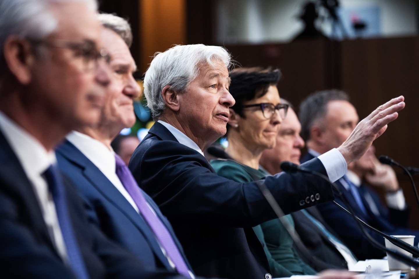 Jamie Dimon, CEO of JPMorgan Chase, testifies during the Senate Banking, Housing, and Urban Affairs Committee hearing, Dec. 6, 2023.