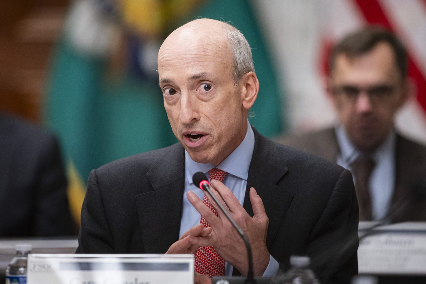 Gary Gensler, chairman of the US Securities and Exchange Commission (SEC), speaks during a meeting of the Financial Stability Oversight Council (FSOC) at the Treasury Department in Washington, DC, US, on Thursday, Dec. 14, 2023. The US Treasury secretary this week said it would make sense for the Federal Reserve to consider lowering interest rates as inflation eases to keep the economy on an even keel. Photographer: Al Drago/Bloomberg via Getty Images