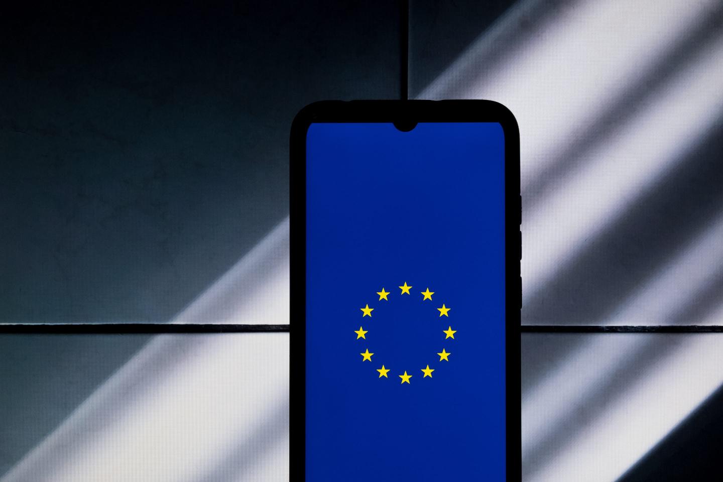 The European Union (EU) flag logo is being displayed on a smartphone screen in Athens, Greece, on January 19, 2024.