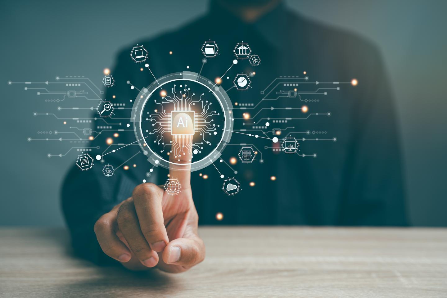 Photo illustration of a person's hand with index finger raised, with a diagram superimposed on it