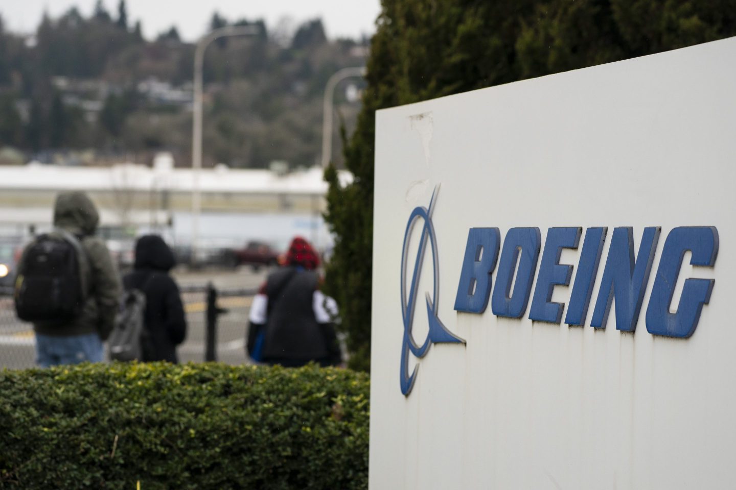 Signage outside the Boeing Co. manufacturing facility in Renton, Washington.