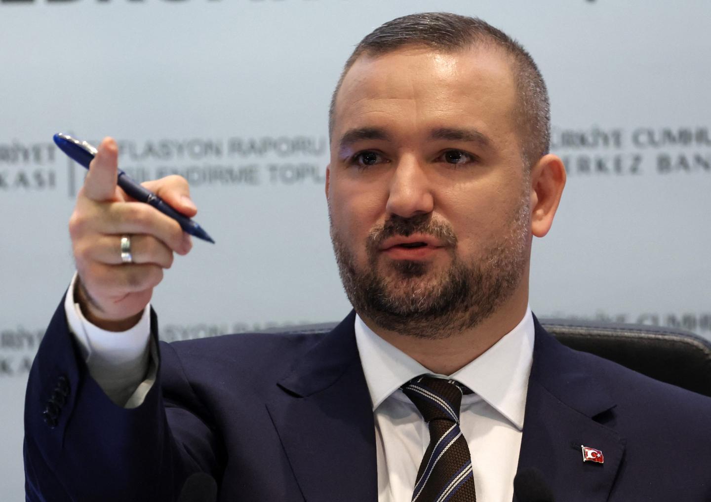 Turkish Central Bank Governor Fatih Karahan gestures as he speaks during the first meeting of the year in Ankara on February 8, 2024.