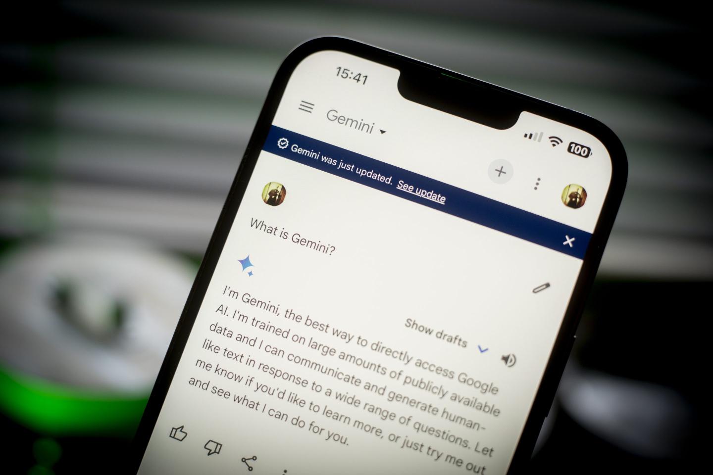 The Google Gemini AI interface is seen on an iPhone browser in this photo illustration on 13 March, 2023 in Warsaw, Poland.