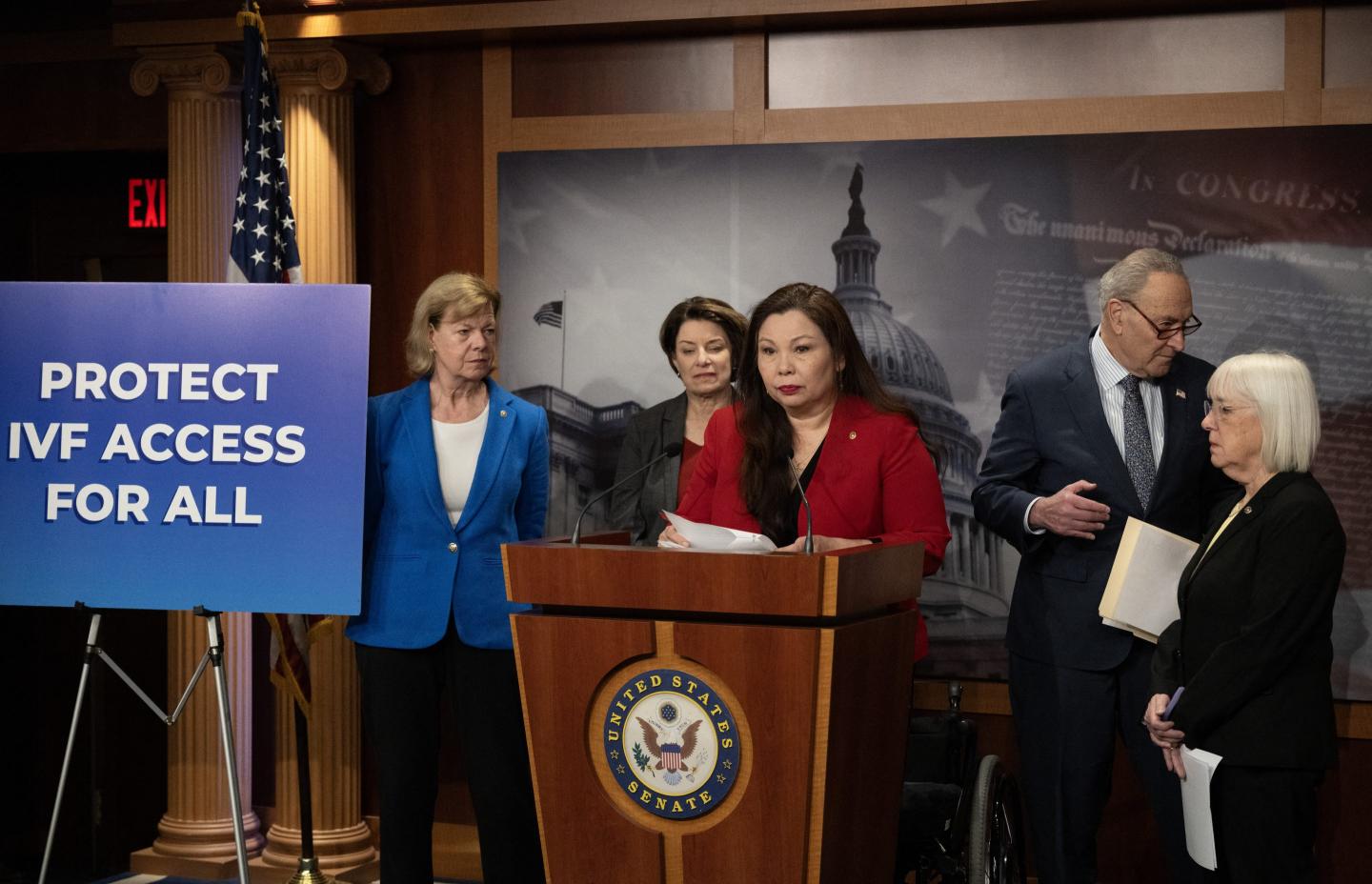 US Senator Tammy Duckworth speaks during a news conference, on protections for access to in vitro fertilization