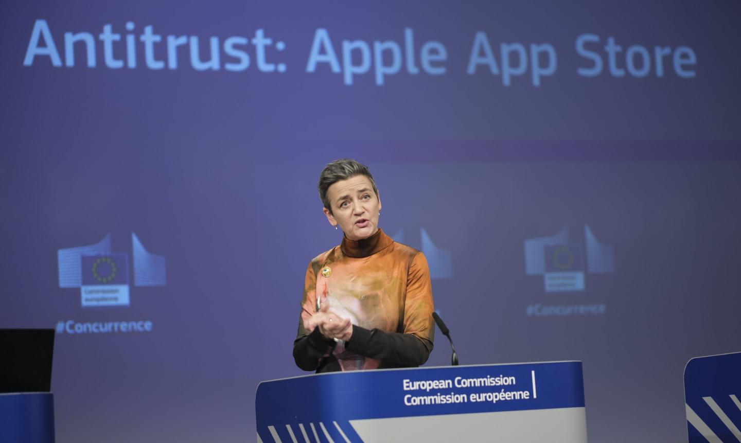 European Commission antitrust chief Margrethe Vestager discusses her unit's $2 billion fine for Apple's violations in the way it limited music-streaming apps' ability to inform users about better subscription deals outside iOS.