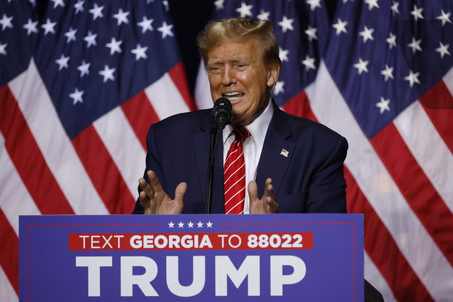 Republican presidential candidate and former U.S. President Donald Trump addresses a campaign rally at the Forum River Center March 09, 2024 in Rome, Georgia.