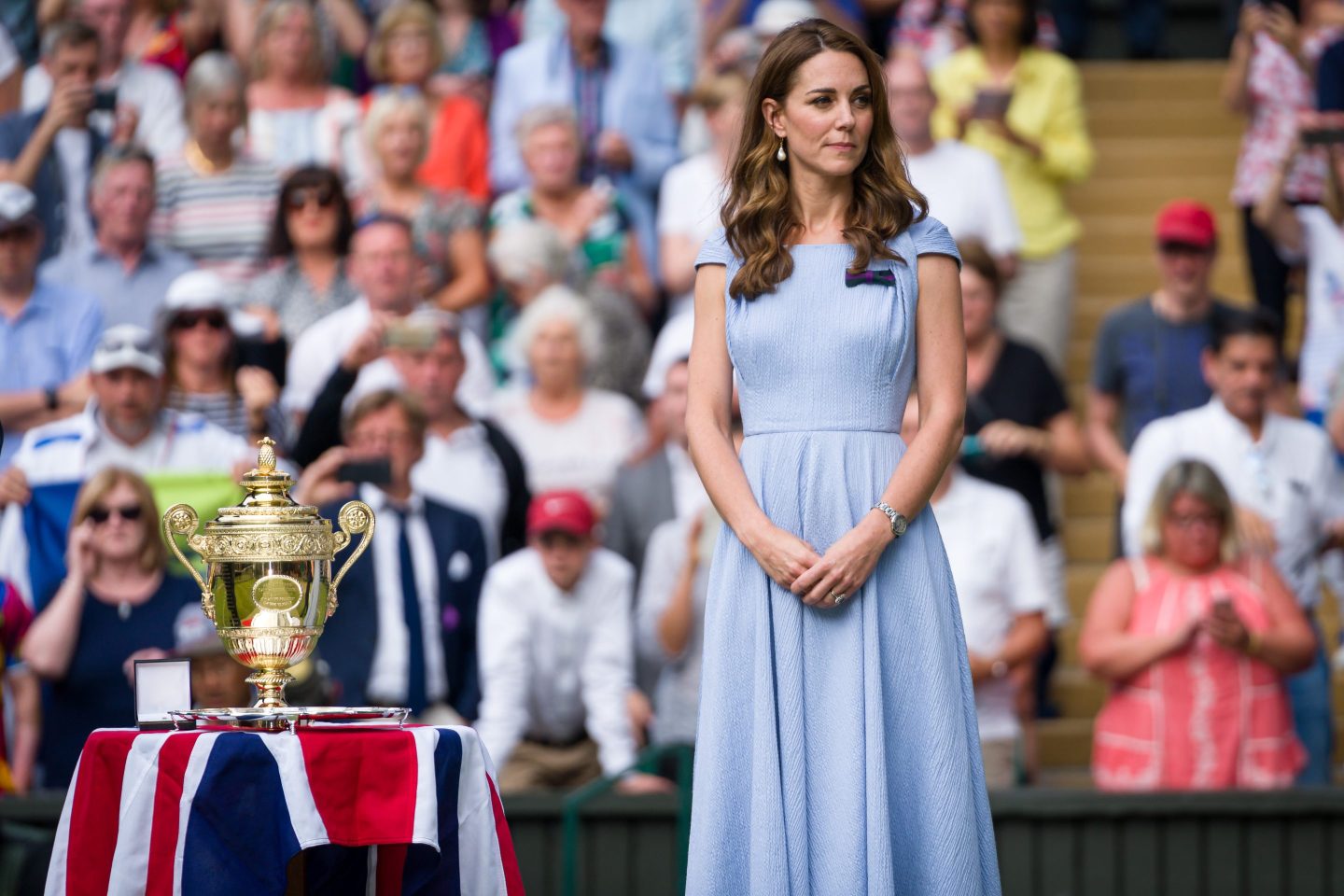 Catherine Duchess of Cambridge presents the winner trophy after the Men's Singles final between Novak Djokovic of Serbia and Roger Federer of Switzerland during Day thirteen of The Championships - Wimbledon 2019 at All England Lawn Tennis and Croquet Club on July 14, 2019 in London, England.