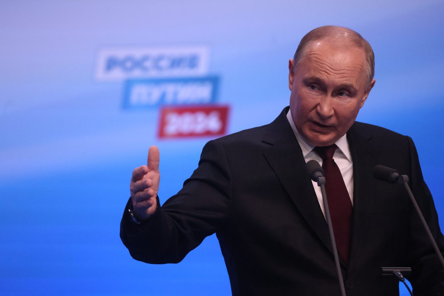 Russian President Vladimir Putin speaks during his press conference at his campaign headquarters, early March,18,2024, in Moscow, Russia.