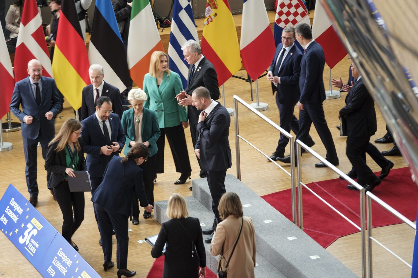 European leaders arrive for a group photo during the second day of an EU Summit in the Europa building, the EU Council headquarter on March 22, 2024 in Brussels.