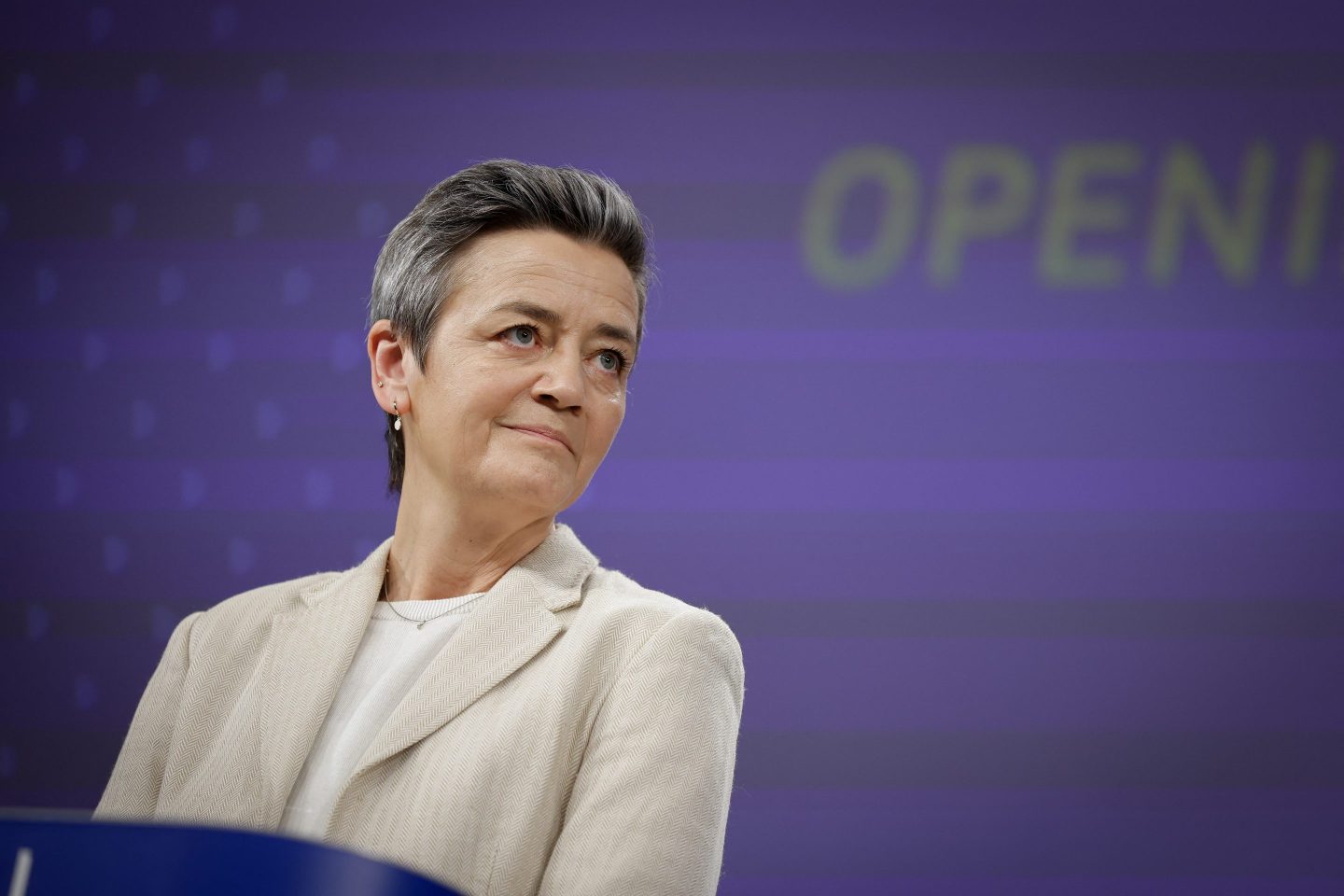 European Commission Vice-President in charge of Europe fit for the digital age and Commissioner for Competition Margrethe Vestager looks on at a press conference on EU probes Apple, Google, Meta under new digital law at the EU headquarters in Brussels, on March 25, 2024.