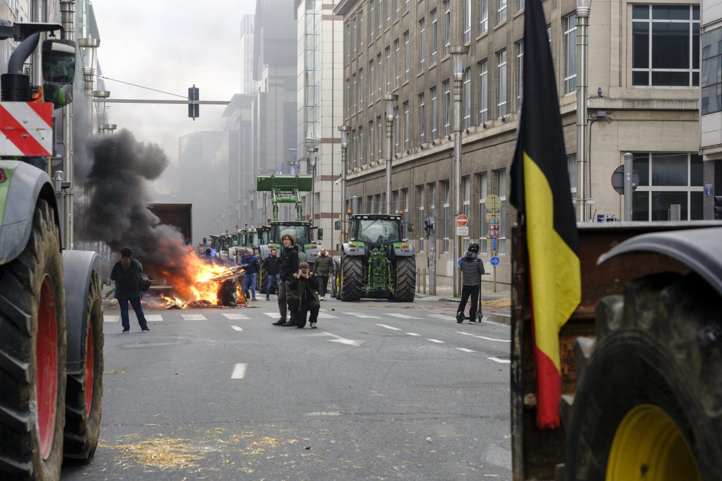 Belgian farmers protest in the EU district as European Agriculture Ministers met, on March 26, 2024 in Brussels.