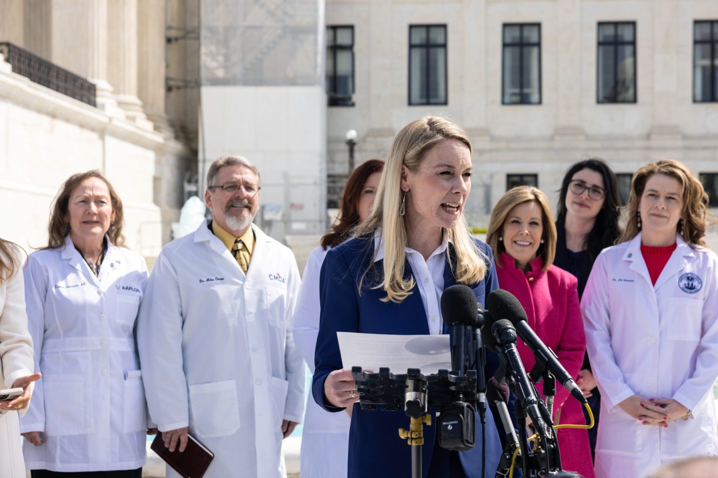 Erin Hawley, a Missouri attorney representing the Alliance for Hippocratic Medicine, speaks to the media as she departs the Supreme Court following oral arguments in the case of the U.S. Food and Drug Administration v. Alliance for Hippocratic Medicine on March 26, 2024 in Washington, D.C.