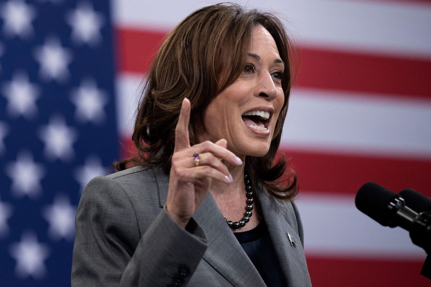 US Vice President Kamala Harris speaks