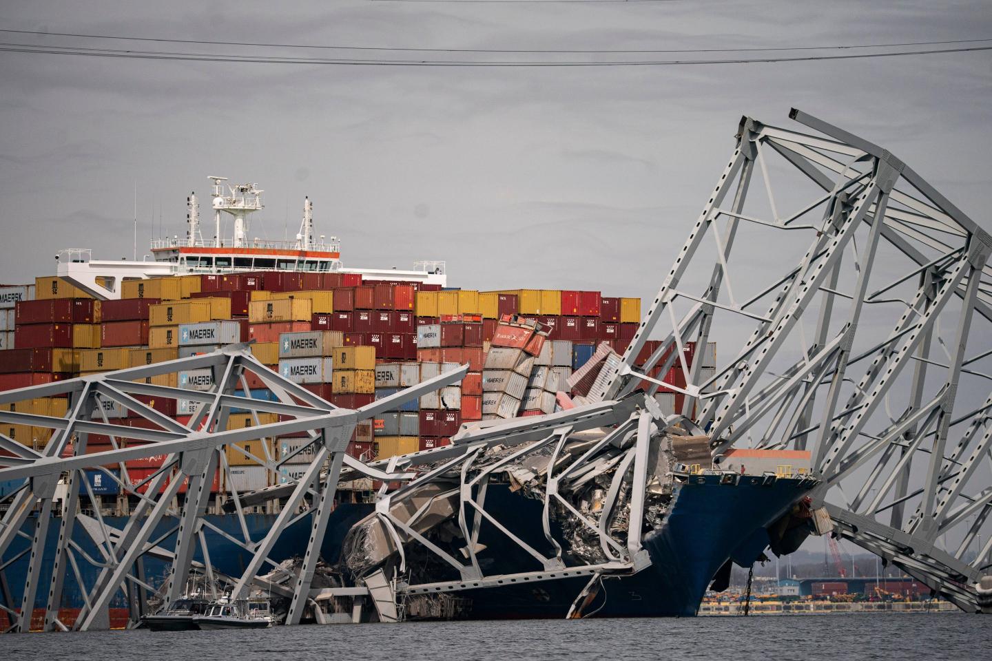 The Dali container vessel after striking the Francis Scott Key Bridge that collapsed into the Patapsco River in Baltimore, Maryland, US, on Tuesday, March 26, 2024. The commuter bridge collapsed after being struck by a container ship, causing vehicles to plunge into the water and halting shipping traffic at one of the most important ports on the US East Coast.