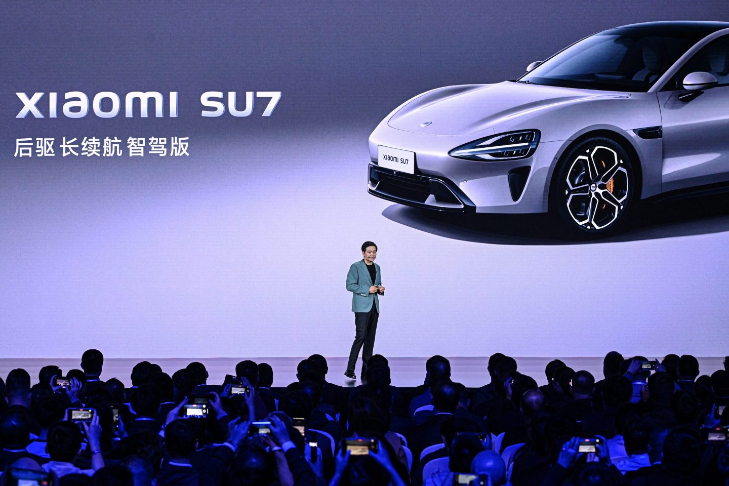 Xiaomi CEO Lei Jun at the launch event of the SU7, the smartphone maker’s first electric vehicle, on March 28 in Beijing.
