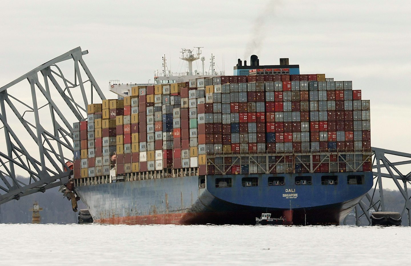 The cargo ship Dali sits in the water after running into and collapsing the Francis Scott Key Bridge on March 26, 2024 in Baltimore, Maryland.