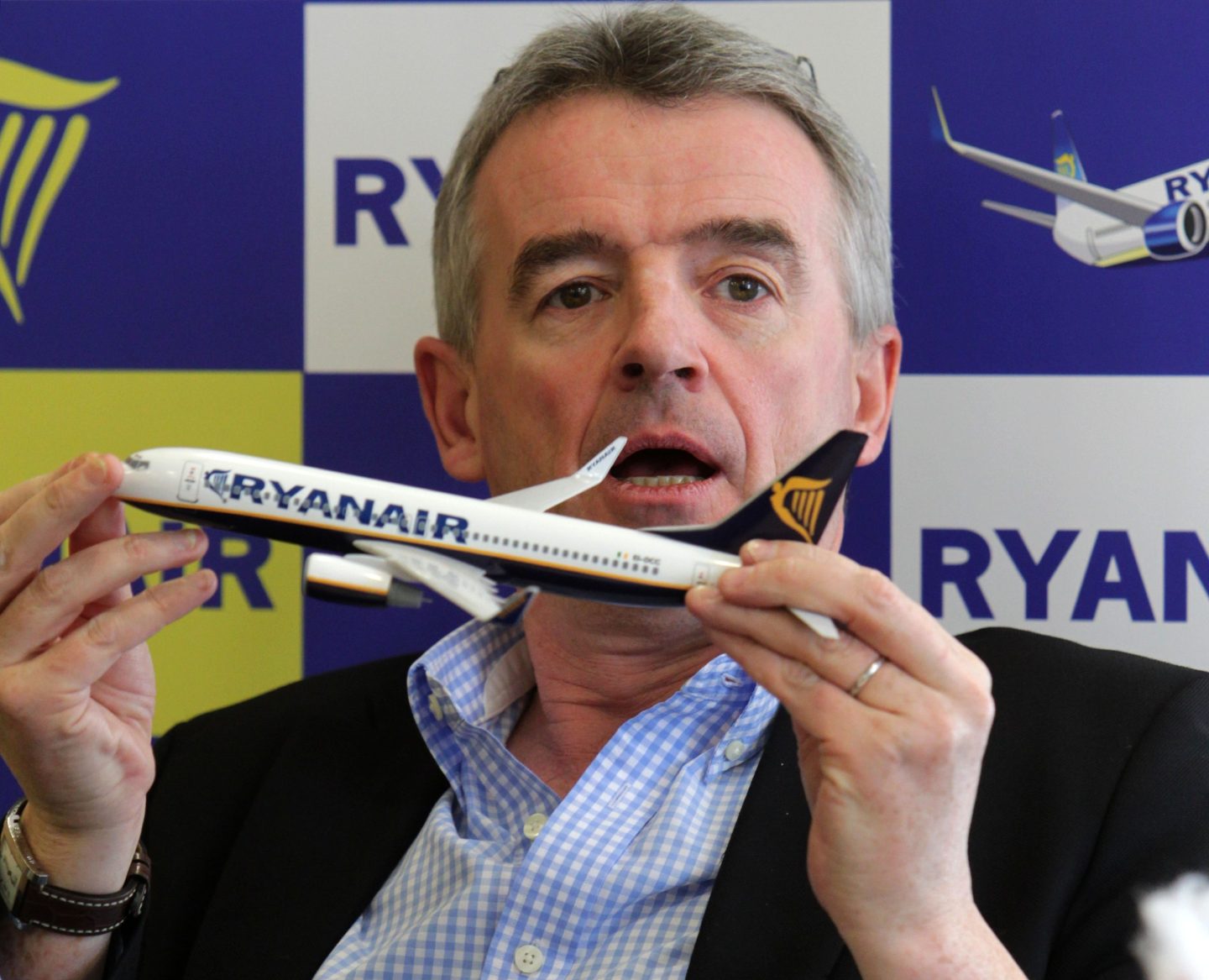 RyanAir CEO Michael O'Leary with a model plane in Germany.