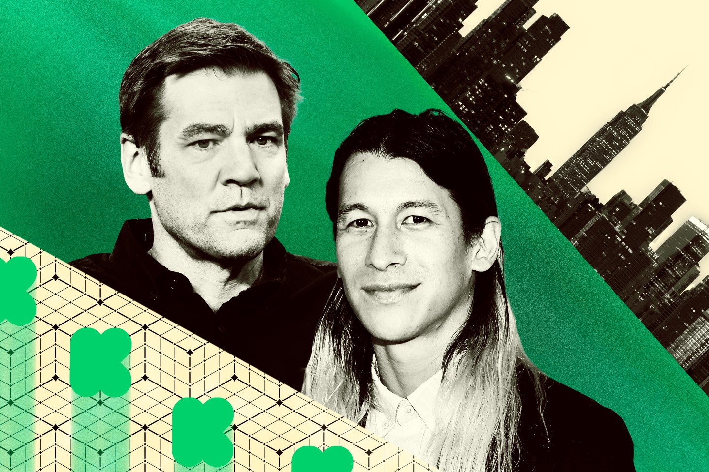 Photo illustration of Chris Dixon and Perry Chen with the New York skyline and blockchain cubes with the Kickstarter logo.