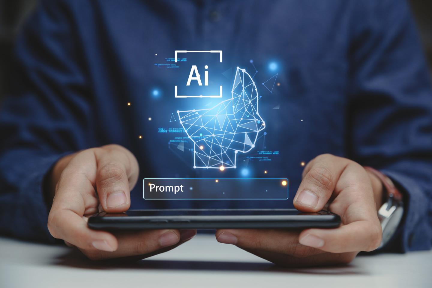 Hand of businessman holding phone as an AI prompt hovers above.