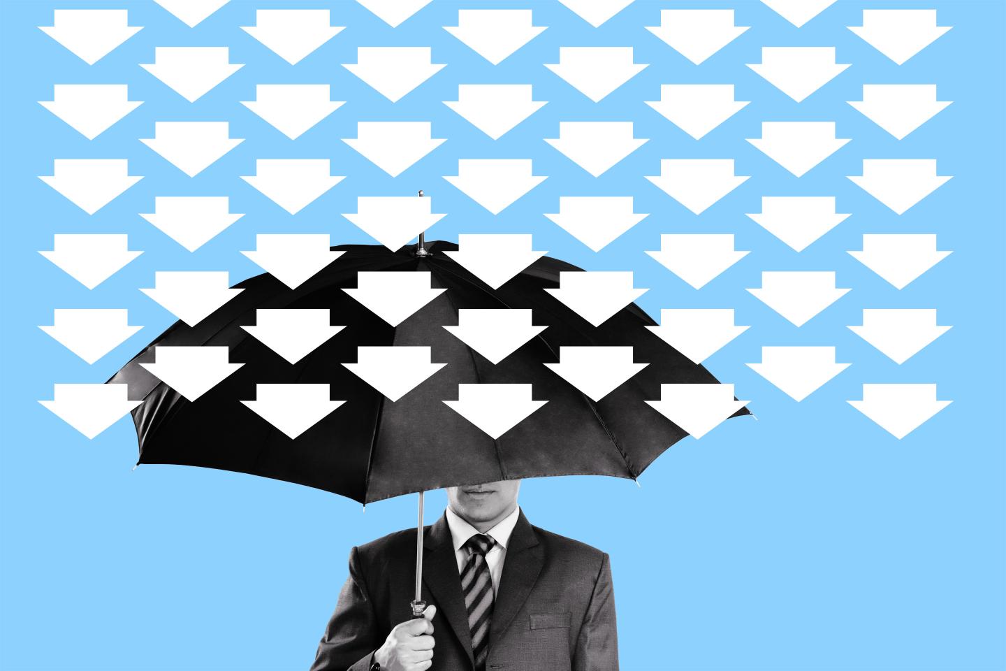 Man holding umbrella with down arrows raining down