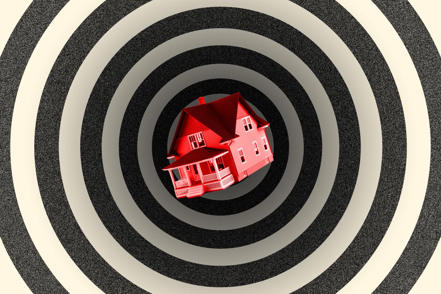 Artistic illustration of a single-family home going down a spiral tube