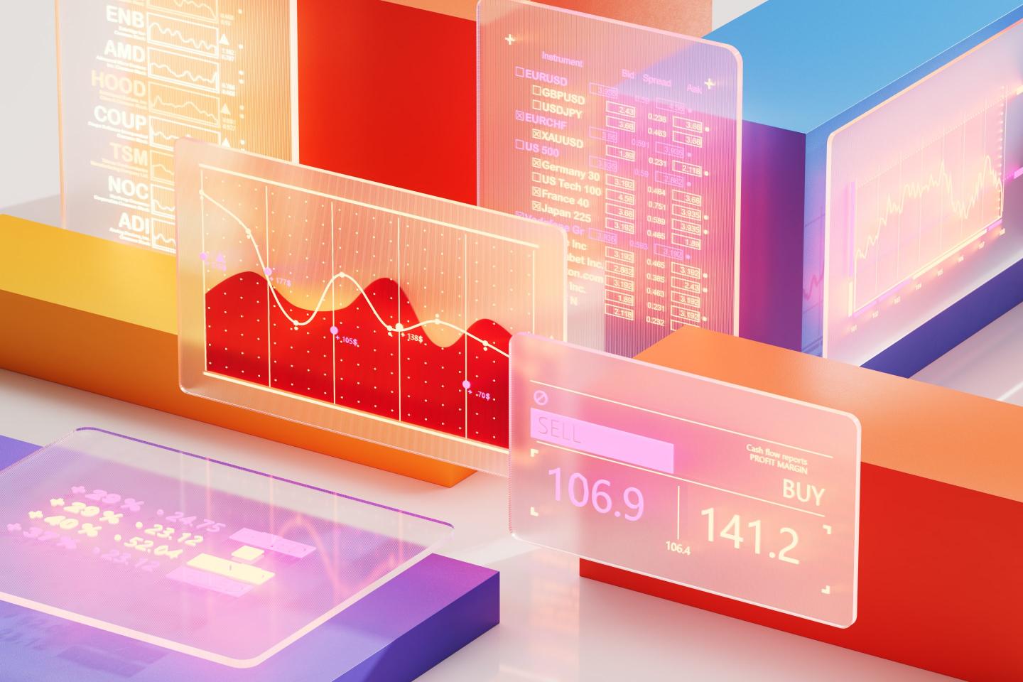 Digital generated image of glowing futuristic cubes and graphs.