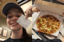 Photo of young woman with a photo of a pizza