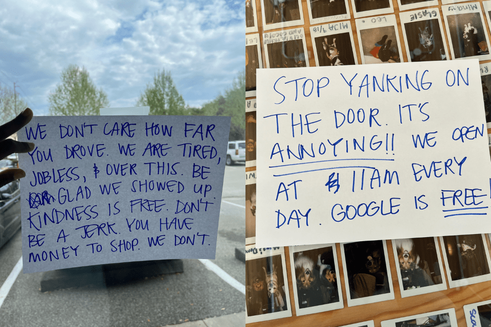 Former Outdoor Voices employees at the Houston store put up handwritten signs on the windows, addressing shoppers trying to get a piece of the closing sale.
