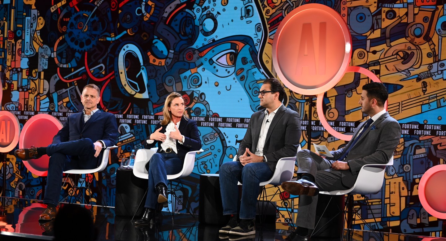 Fortune Brainstorm AI in London on April 15, 2024. The panel session, “Financial Industries in the Era of Generative AI” featuring Brian Mullins, CEO, Mind Foundry; Alexandra Mousavizadeh, cofounder and CEO, Evident Insights; Edward J. “EJ” Achtner, head, Office of Applied Artificial Intelligence, London, HSBC; and Moderator Massimo Marioni, Europe News Editor, Fortune