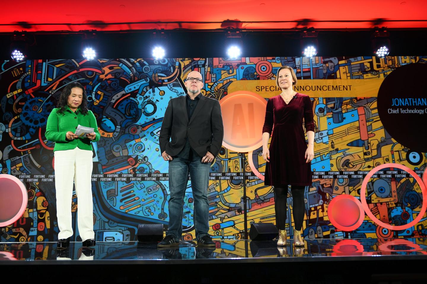 Fortune's incoming CEO Anastasia Nyrkovskaya (right) stands with Fortune's chief technology officer Jonathan Rivers (center) and Lan Guan, the chief AI officer at Accenture, at the Fortune Brainstorm AI conference on April 15. 