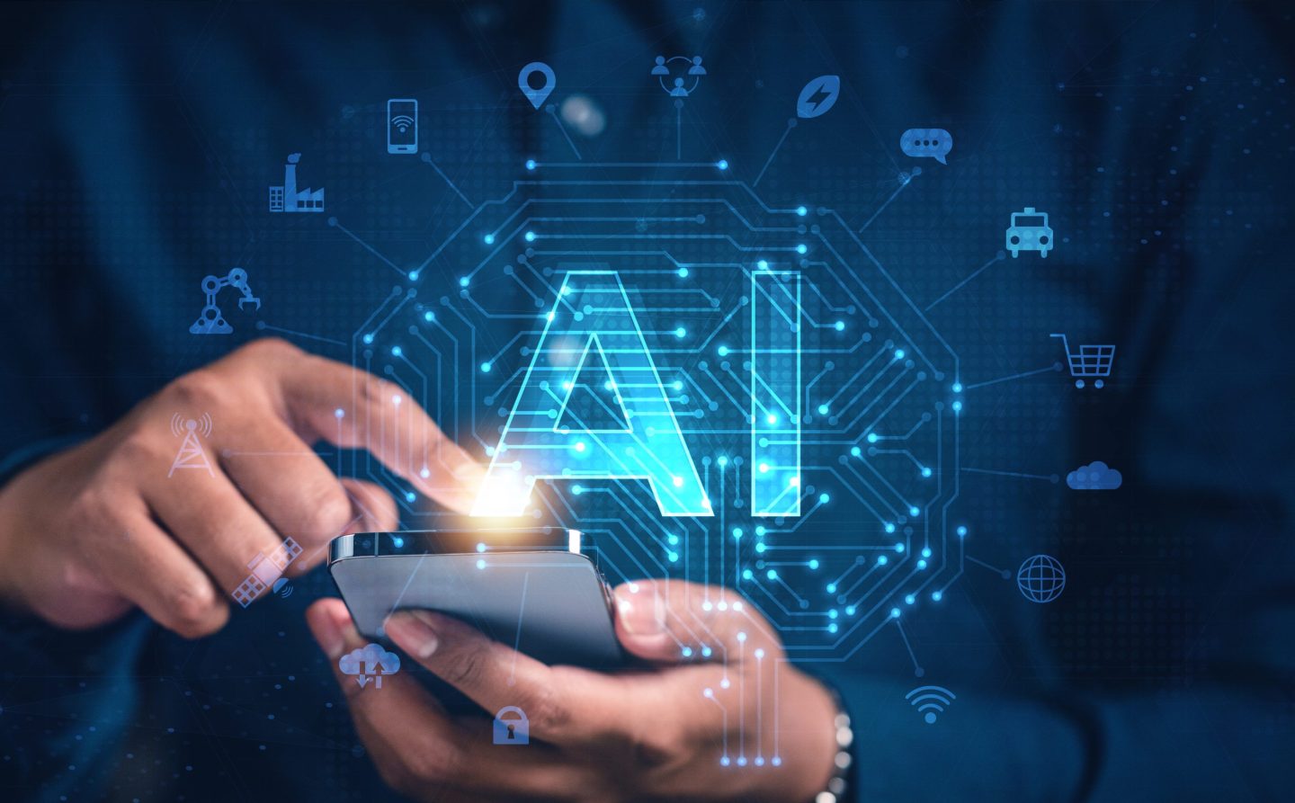 Two hands touch a phone with a hologram of the letters "AI" coming out of it.