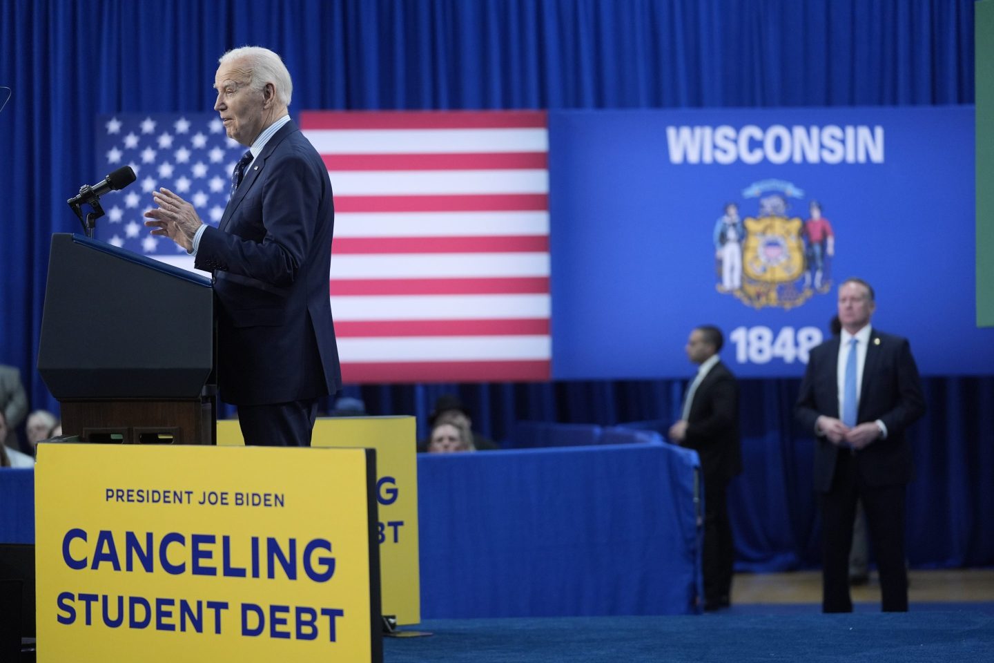 President Joe Biden delivers remarks on student loan debt at Madison College, on April 8, 2024, in Madison, Wis.