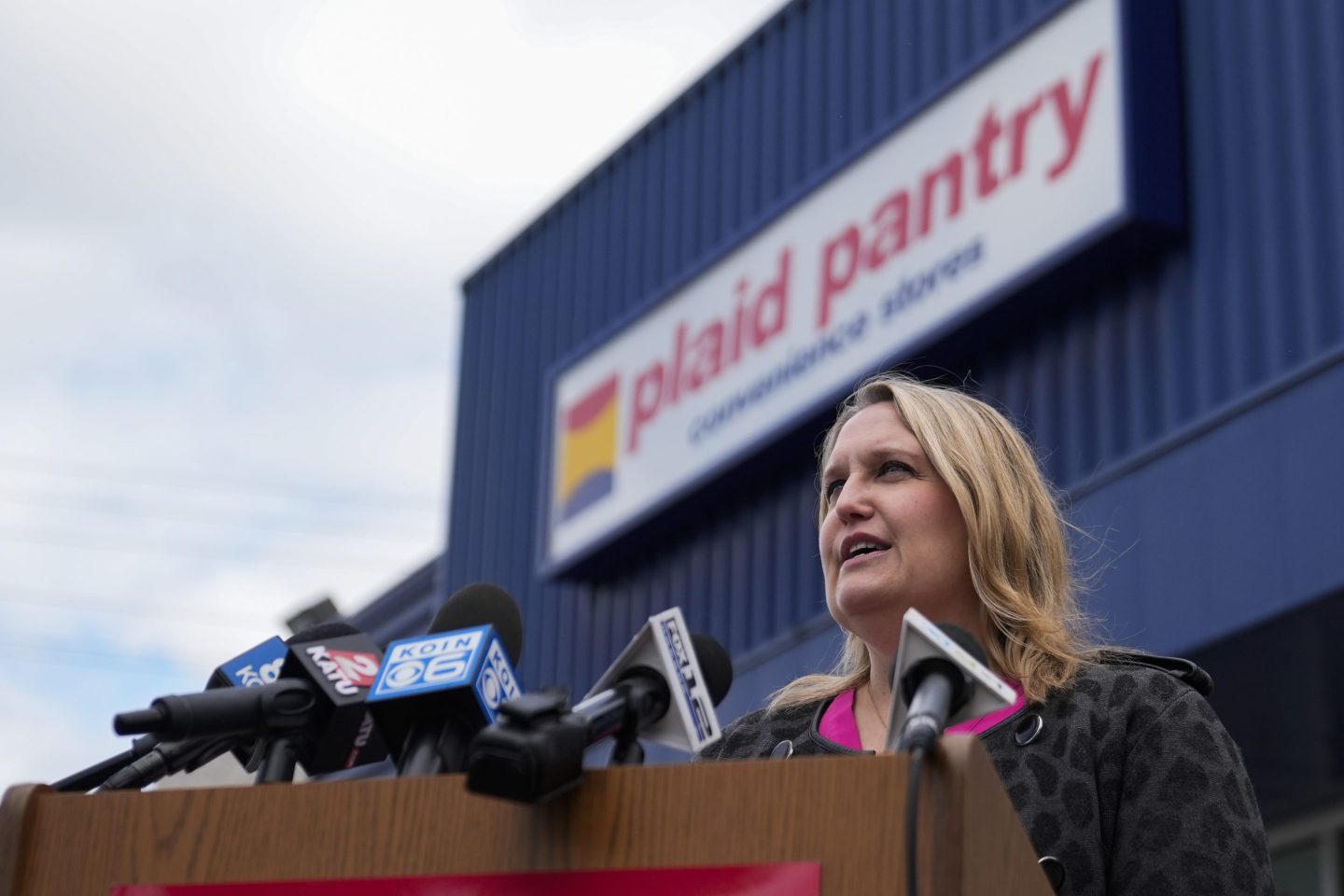Oregon Lottery External Communications Program Manager Melanie Mesaros speaks during a news conference outside a Plaid Pantry convenience store on April 9, 2024, in Portland, Ore.