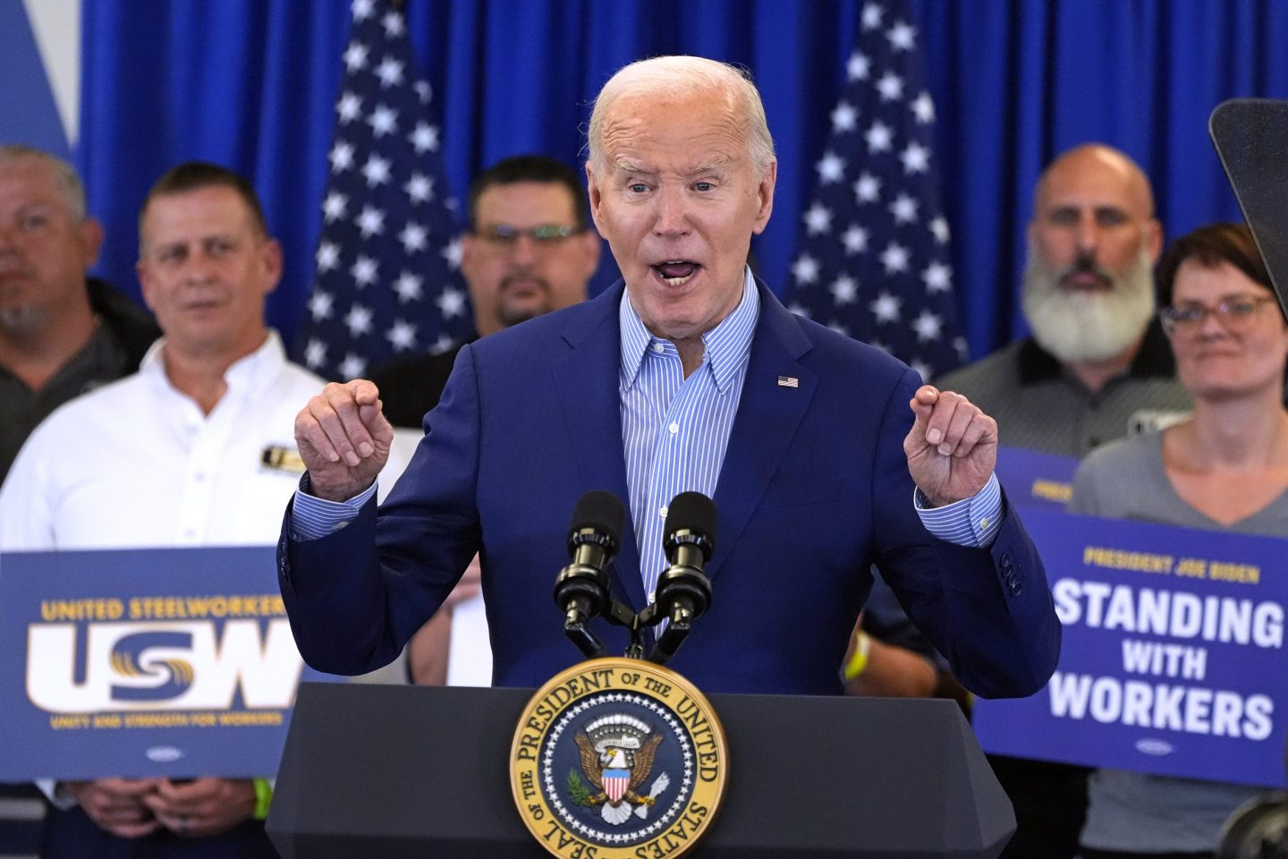 President Joe Biden speaks at the United Steelworkers Headquarters in Pittsburgh, on April 17, 2024. . Biden's renewed use of industrial policy, export controls and other protectionist measures is also stoking a backlash from trading partners.