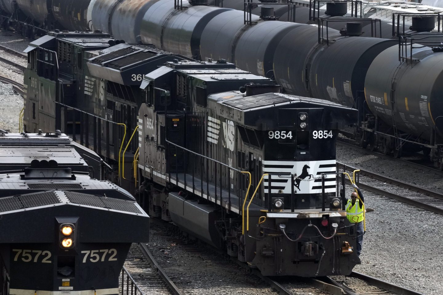 Norfolk Southern locomotives are moved through the Conway Terminal in Conway, Pa., June 17, 2023.