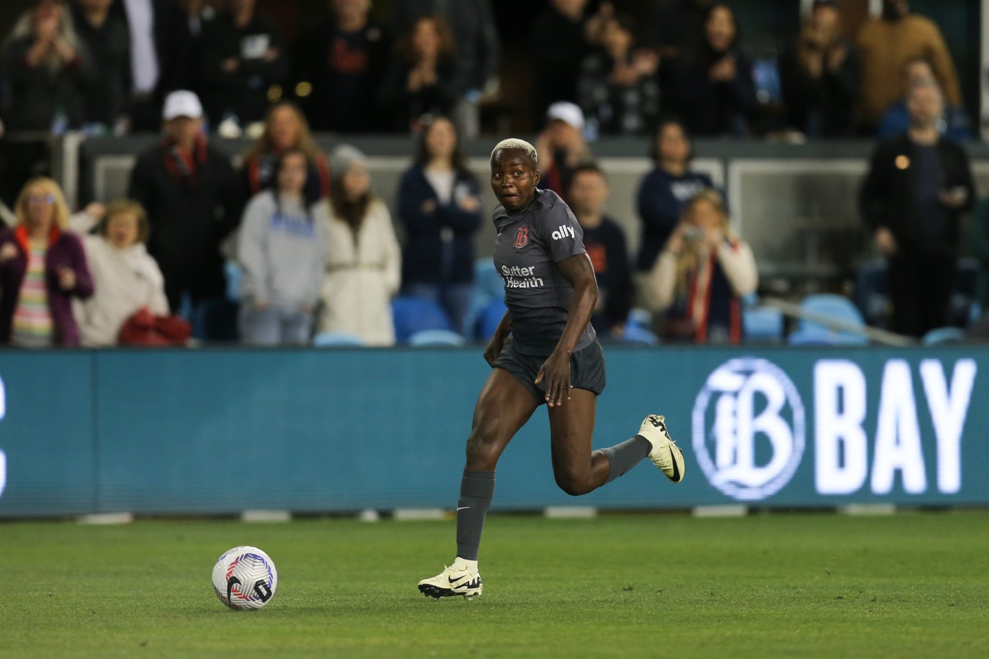 Racheal Kundananji, #9 of Bay FC advances the ball during the second half against the Houston Dash at PayPal Park on March 30, 2024 in San Jose, California.