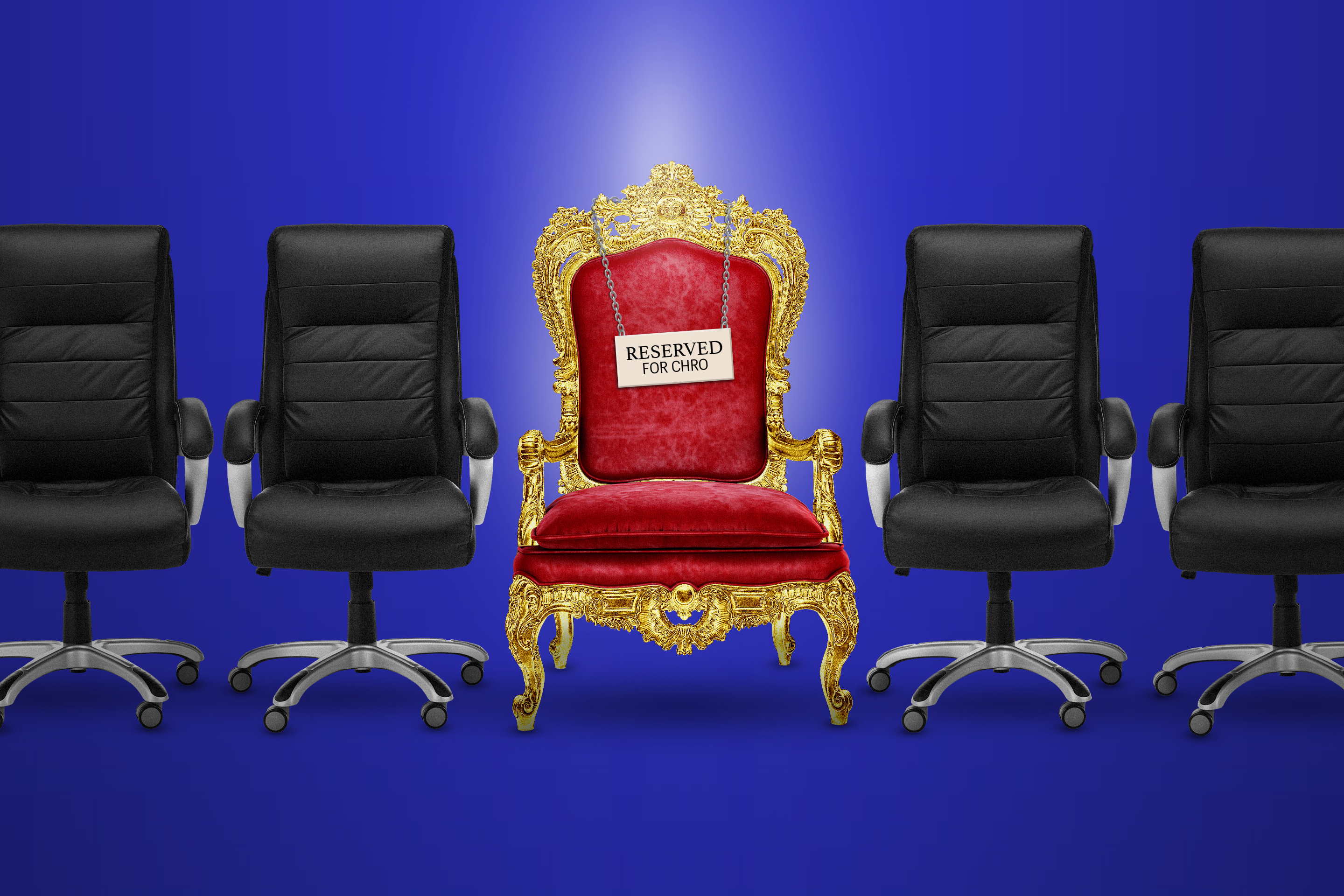 Photo illustration of a row of black office chairs with a red and gold throne in the middle and a sign on it that reads "Reserved for CHRO."