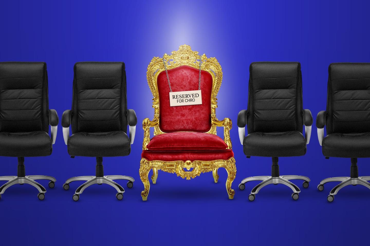 Photo illustration of a row of black office chairs with a red and gold throne in the middle and a sign on it that reads "Reserved for CHRO."